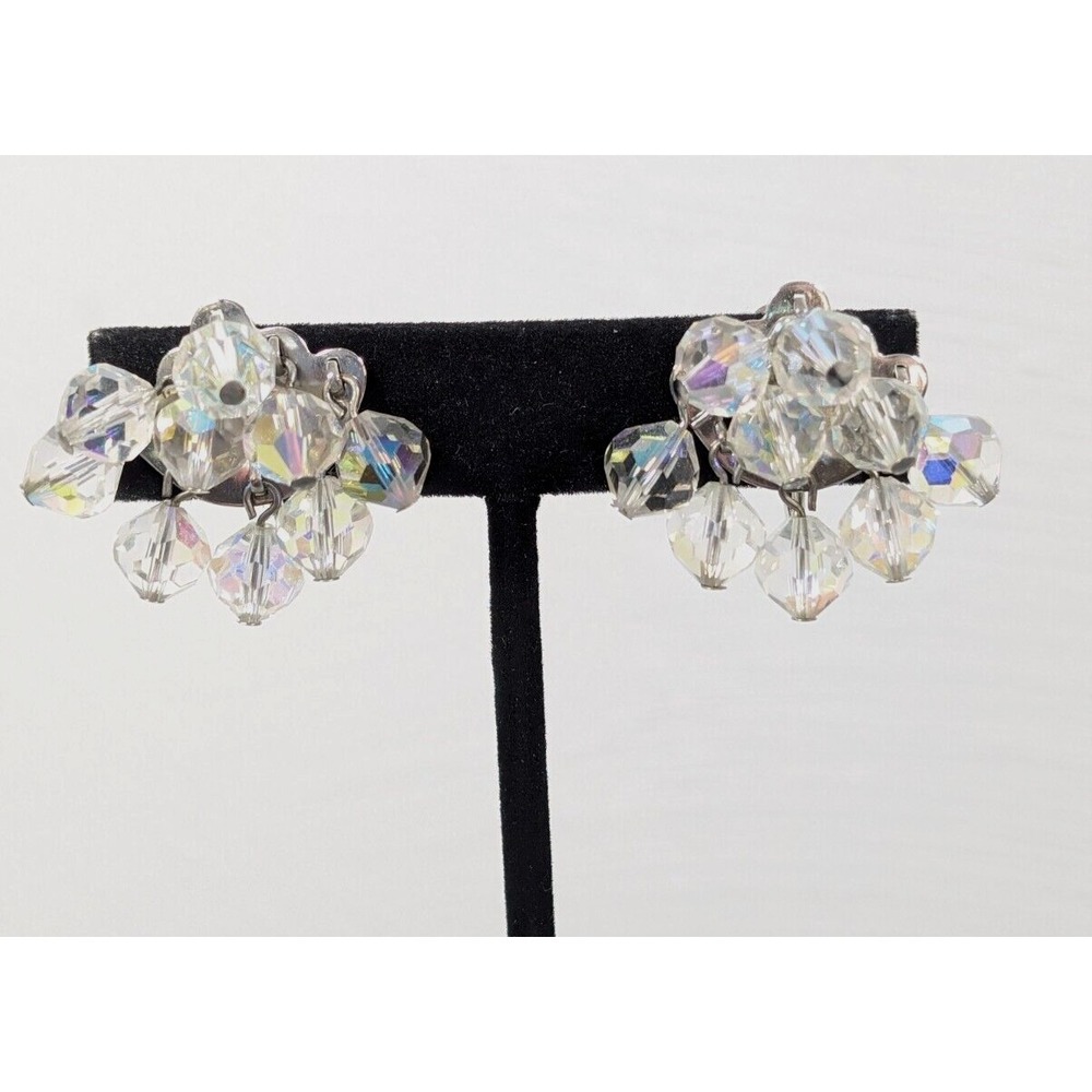 Vintage AB Crystal‎ Cluster Clip On Earrings Silver Tone